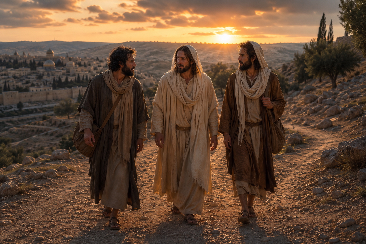 Jesus walking with two disciples on the road to Emmaus
